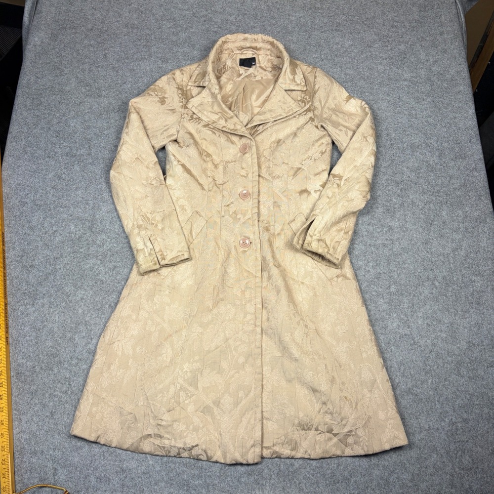 H&M Womens Jacquard Floral Trench Coat Champagne Beige Size 10 Damask Mid Length